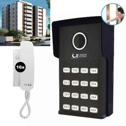 Imagem de Kit Porteiro Coletivo 16 Pontos Edifício Prédio + 16 Interfones Lider