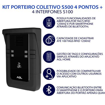 Imagem de Kit porteiro coletivo agl s-500 04 pontos + 4 interfones