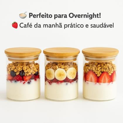 Imagem de Kit Pote De Vidro Com Tampa De Bambu 500ml Hermético Multiuso Overnight Marmita Sobremesa Dieta