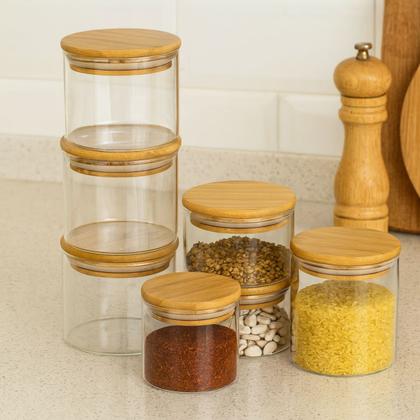 Imagem de Kit Pote De Vidro Com Tampa De Bambu 500ml Hermético Multiuso Overnight Marmita Sobremesa Dieta