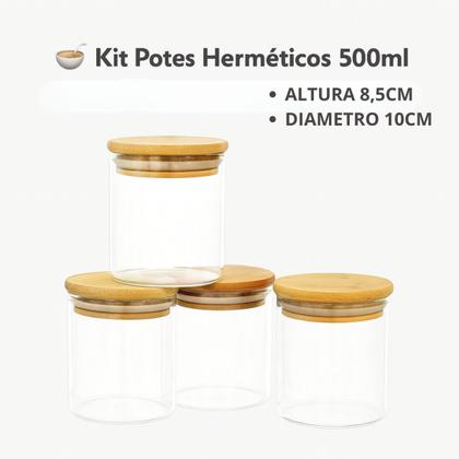 Imagem de Kit Pote De Vidro Com Tampa De Bambu 500ml Hermético Multiuso Overnight Marmita Sobremesa Dieta