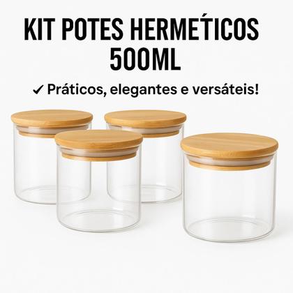Imagem de Kit Pote De Vidro Com Tampa De Bambu 500ml Hermético Multiuso Overnight Marmita Sobremesa Dieta
