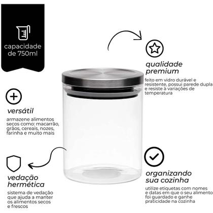 Imagem de Kit Pote Hermético Redondo com Tampa Inox Mimo 750ml - 3 Peças