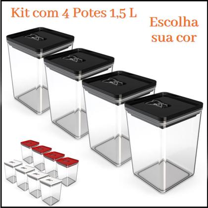 Imagem de Kit Pote Mantimento Hermético 4 Peças de 1,5L Organizador Multiuso Cozinha Tampa com Trava Quadrado