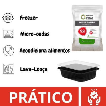 Imagem de Kit Pote Preto C/ 24un 1000ml 1l Descartável Marmita Freezer Retangular C/ Tampa