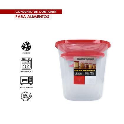 Imagem de Kit Potes Conjunto Porta Mantimentos Jogo com 5 Peças Plástico Tampa Vermelho