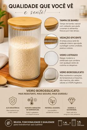 Imagem de Kit Potes de Vidro Borossilicato Herméticos com Tampa de Bambu 1,4L e 1,8L Organizador para Mantimentos