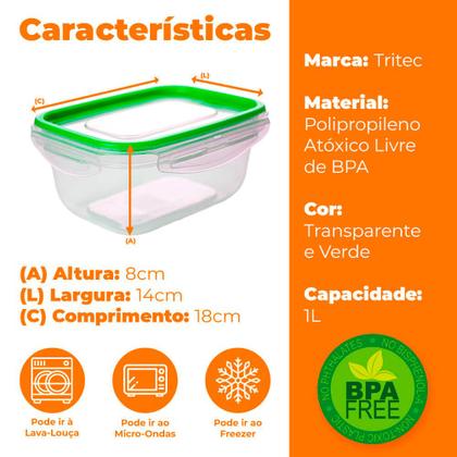 Imagem de Kit Potes Herméticos de Plástico com Travas para Alimentos 1L 3 peças Verde - Tritec