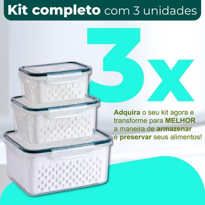 Imagem de Kit Potes Herméticos Geladeira Com Cesto Escorredor Tampa Com 4 Travas Linha Premium