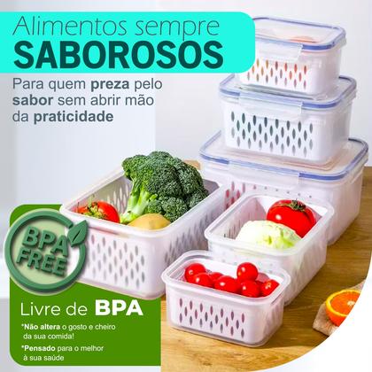Imagem de Kit Potes Herméticos Geladeira Com Cesto Escorredor Tampa Com 4 Travas Linha Premium