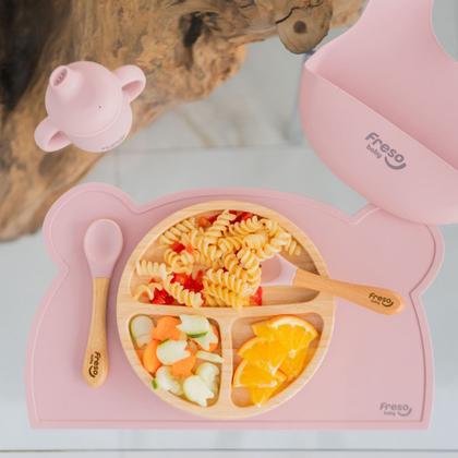 Imagem de Kit Prato de Bambu com Ventosa e Divisórias + Colher Rosa