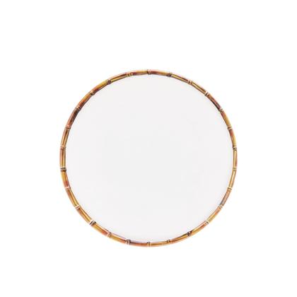 Imagem de Kit Pratos De Sobremesa Doces Festa Melamina Branco Com Borda Bambu - 6 Unidades