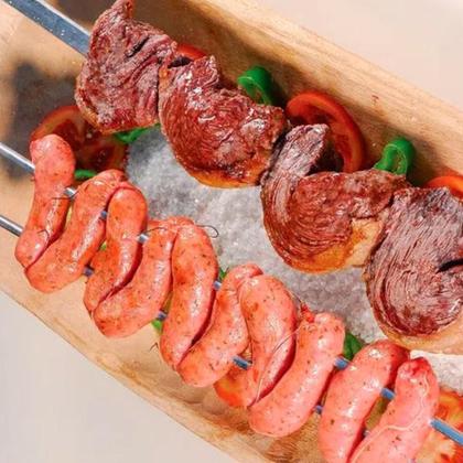 Imagem de Kit Preparo Churrasco 9pcs Churrasqueira Grelha e Espetos 55cm Simples e Duplo Cabo Madeira