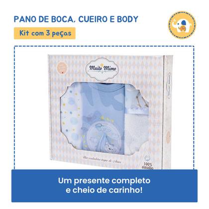 Imagem de Kit Presente Bebe 3Pç Pano Boca Cueiro e Body  Azul Menino