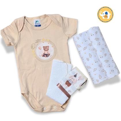 Imagem de Kit Presente Bebe 3Pç Pano Boca Cueiro e Body  M Bege Neutro 100% Algodão Com Estampas Digitais 
