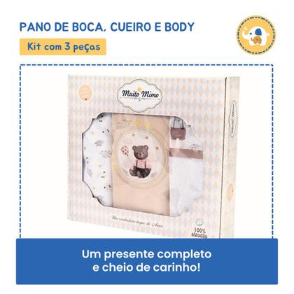 Imagem de Kit Presente Bebe 3Pç Pano Boca Cueiro e Body  M Bege Neutro 100% Algodão Com Estampas Digitais 