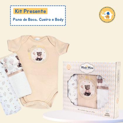 Imagem de Kit Presente Bebe 3Pç Pano Boca Cueiro e Body  M Bege Neutro 100% Algodão Com Estampas Digitais 
