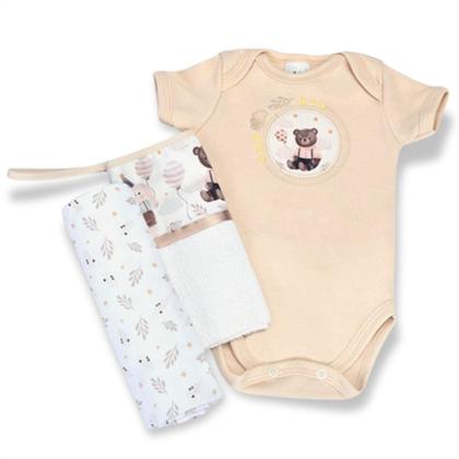 Imagem de Kit Presente Bebe 3Pç Pano Boca Cueiro e Body  M Bege Neutro 100% Algodão Com Estampas Digitais 