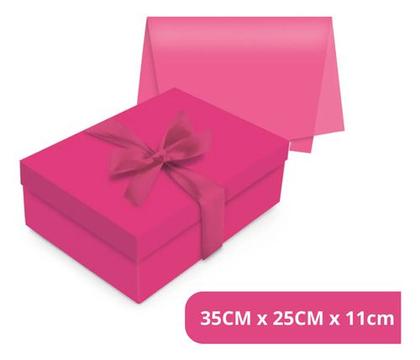 Imagem de Kit Presente Caixa Média 35x25cm Rosa Seda Fita Laço Rosa