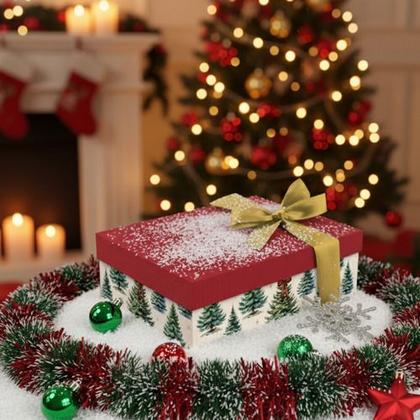 Imagem de Kit Presente Caixa Peq 24x18cm Feliz Natal Seda Fita Laço Vermelho