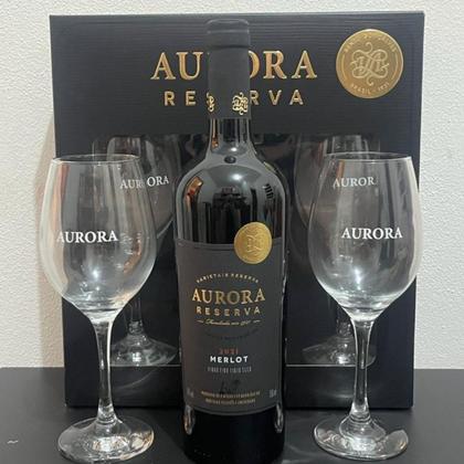 Imagem de Kit Presente Vinho Tinto Seco Aurora Merlot com 2 Taças