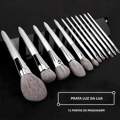 Imagem de Kit Profissional De 12 Pincéis De Maquiagem Com Cerdas Naturais De Pelo De Cabra Para Base, Pó,