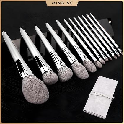 Imagem de Kit Profissional De 12 Pincéis De Maquiagem Com Cerdas Naturais De Pelo De Cabra Para Base, Pó,