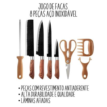 Imagem de Kit Profissional De Facas Conjunto Completo Para Churrasco Com 8 Peças Antiaderente Fio De Navalha