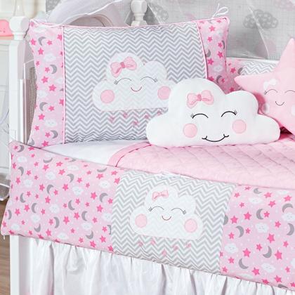 Imagem de Kit Protetor Berço 8 Peças Menina Rosa Nuvem Estrela Lua