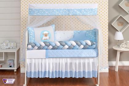 Imagem de Kit Protetor Berço Completo Americano Ovelha Azul Menino 12 peças com Saia, Edredom e mosquiteiro
