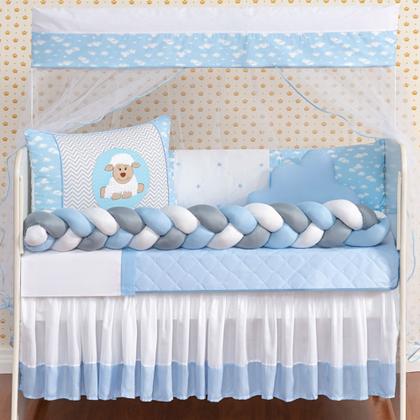 Imagem de Kit Protetor Berço Completo Americano Ovelha Azul Menino 12 peças com Saia, Edredom e mosquiteiro