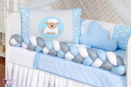 Imagem de Kit Protetor Berço Completo Americano Ovelha Azul Menino 12 peças com Saia, Edredom e mosquiteiro