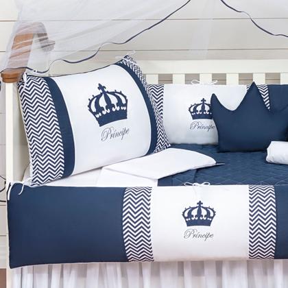 Imagem de Kit Protetor Berço Completo Americano Realeza Coroinha 2 Laterais Marinho Menino 11 peças com Saia