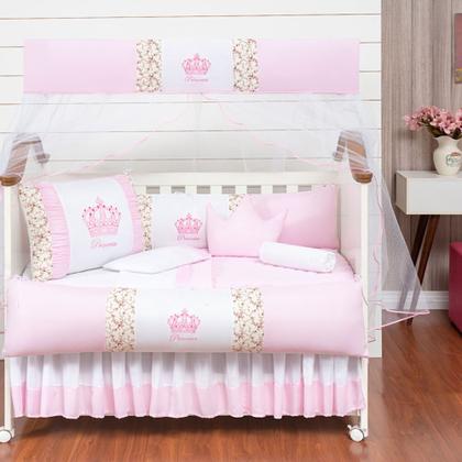 Imagem de Kit Protetor Berço Completo Americano Realeza Coroinha 2 Laterais Rosa Menina 11 peças e Saia Berço 
