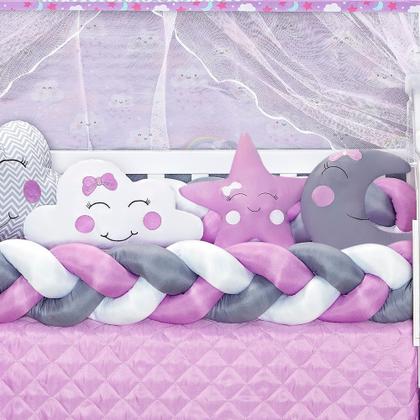 Imagem de Kit Protetor Berço Completo Chuva de Amor Cabeceira Nuvenzinha Gota e Lua Lilás 2 Tranças 12 peças
