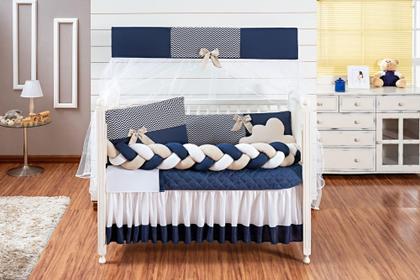 Imagem de Kit Protetor Berço Completo Trançado Menino Doce Bebê Azul Marinho 12 com saia berço e lençol extra