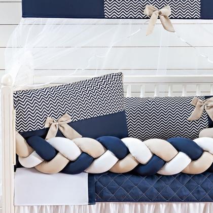 Imagem de Kit Protetor Berço Completo Trançado Menino Doce Bebê Azul Marinho 12 com saia berço e lençol extra