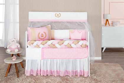 Imagem de Kit Protetor Berço Lateral Trança Coroa Realeza Princesa Rosa 11 peças