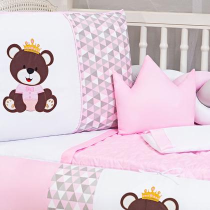 Imagem de Kit Protetor Berço Trança Americano Ursa Rainha Rosa Menina 11 peças+Cortina Ilhós Triangulo 2x1,70m