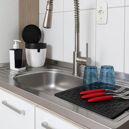 Imagem de Kit Protetor de Pia e Escorredor de Louças Pratos Talheres Copos Preto Organizador Bancada Cozinha