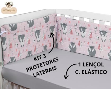 Imagem de Kit Protetor Lateral De Berço + Lençol Avulso Com Elástico - Malha 100% Algodão Anti Alérgica