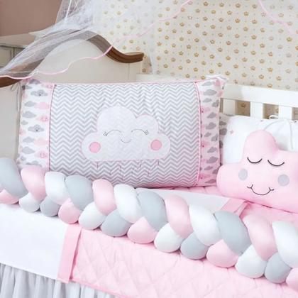 Imagem de Kit Protetor Mini Berço Menina Trançado Nuvem Rosa Chuva de Amor 10 peças