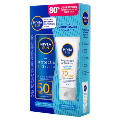 Imagem de Kit Protetor Solar Nivea Sun Protect e Hidrata FPS 50 200ml e Ganhe 80% de Desconto no Protetor Solar Antissinais FPS 70 40ml