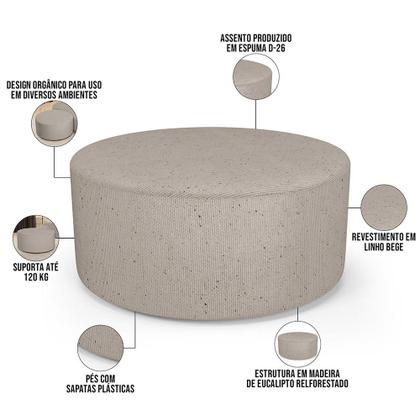 Imagem de Kit Puff Redondo Lola e Puff Recamier Orgânico Orbit W01 Linho Bege - Lyam Decor