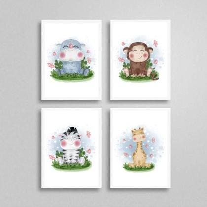 Imagem de Kit Quadro Decorativo Bichinhos Aquarela 45x34cm 4 Peças