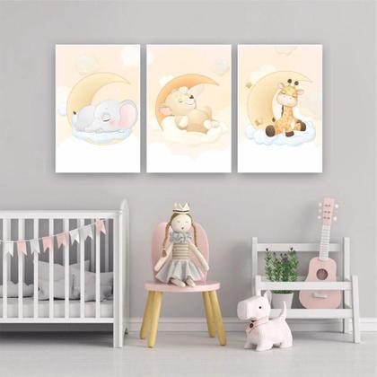 Imagem de Kit Quadros 3Pçs Infantil Safari Elefante, Leão E Girafa