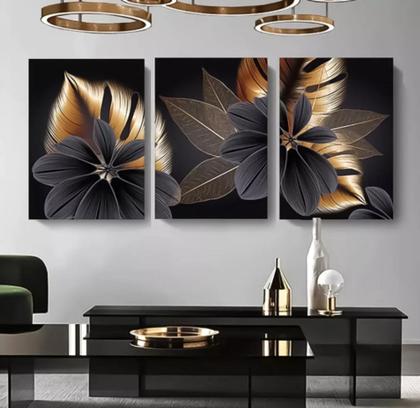 Imagem de kit quadros Floral Preto E Dourado"