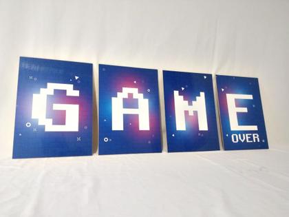 Imagem de Kit Quadros Game Over Decoração Quarto Neon 4 Peças 20x28cm