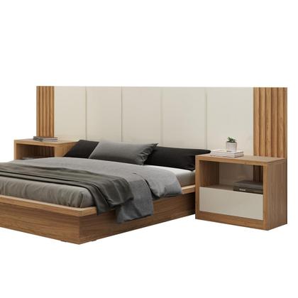 Imagem de Kit Quarto Casal Base Cama Cabeceira e 2 Mesas de Cabeceira MDF Off White Freijó Dalla Costa