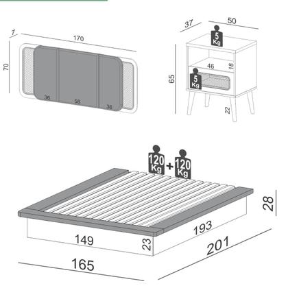 Imagem de Kit Quarto Completo Cama Cabeceira 2 Mesas Lateral com Palha Natural MDF Freijó Dalla Costa